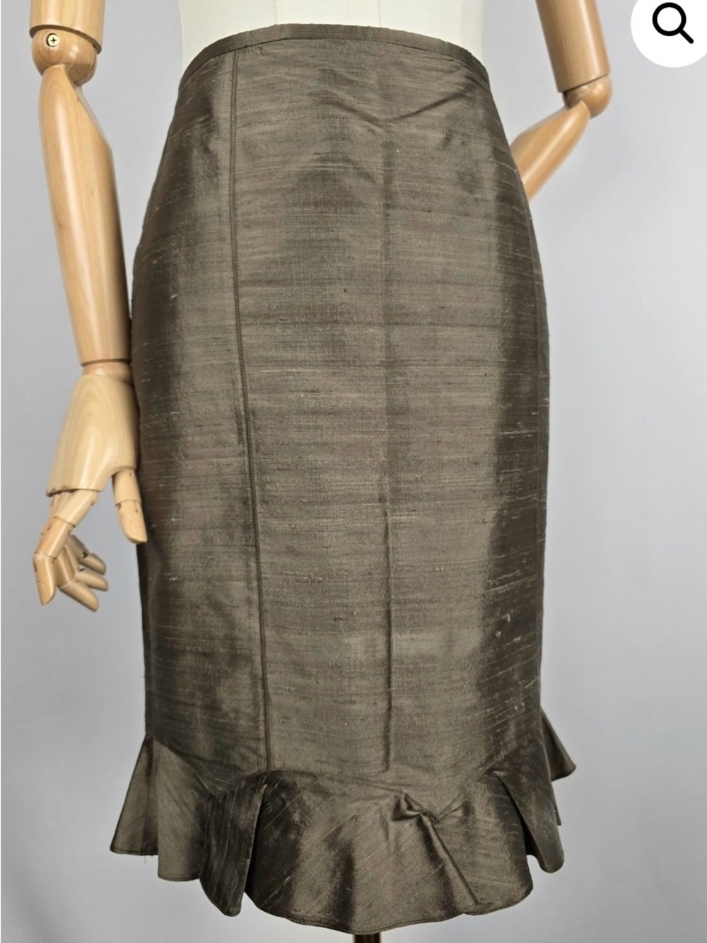 Armani Collezioni Metallic Olive Green Silk Ruffle-Hem Pencil Skirt